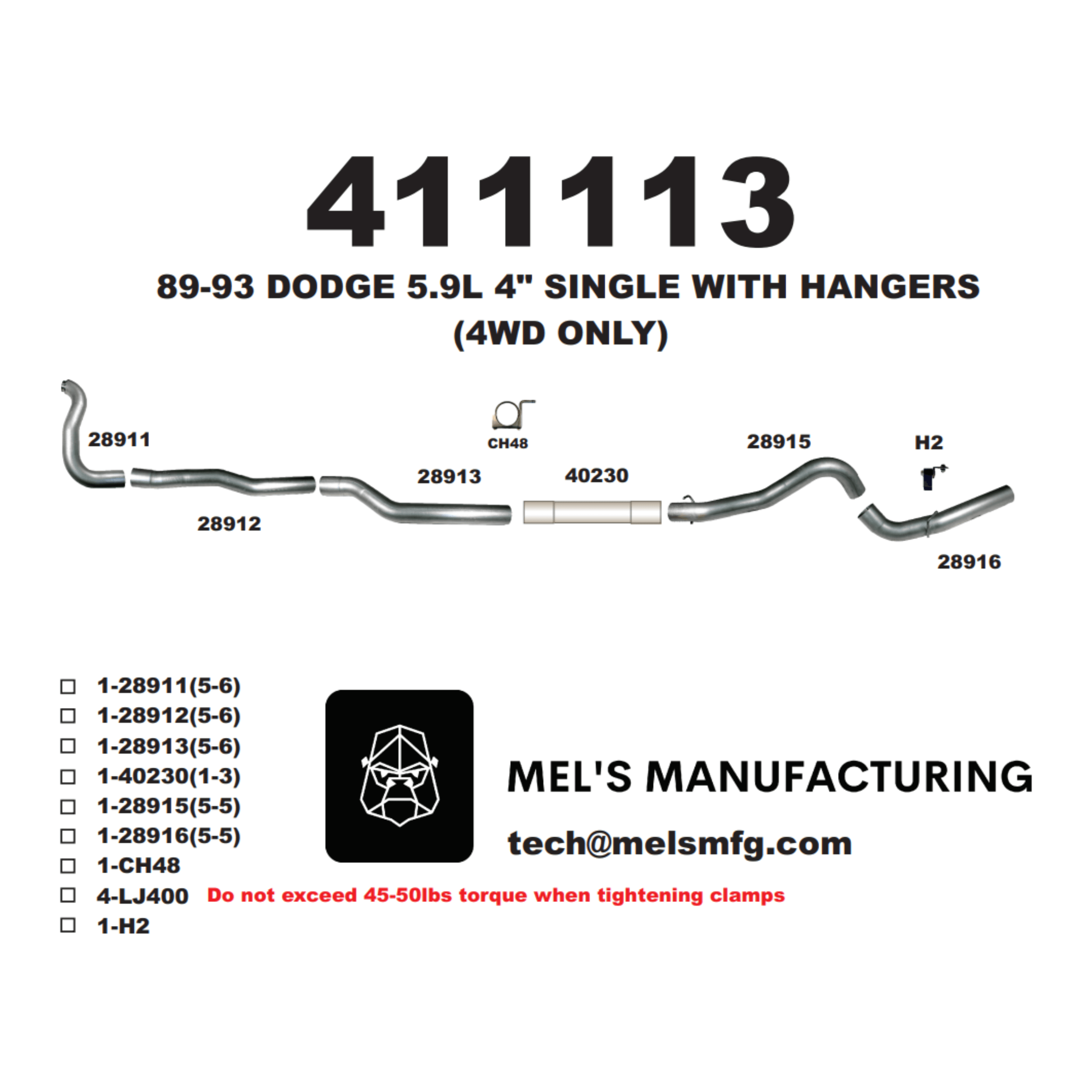 1989-1993 Cummins 5.9L 4" Turbo Back Exhaust System No Muffler (411113) - Mel's Manufacturing