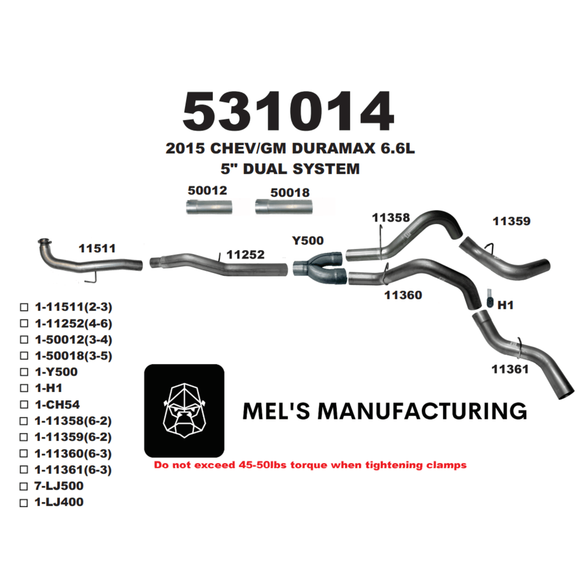 2015.5-2016 Duramax LML 5" Downpipe Back Dual Exhaust No Muffler (531014) - Mel's Manufacturing