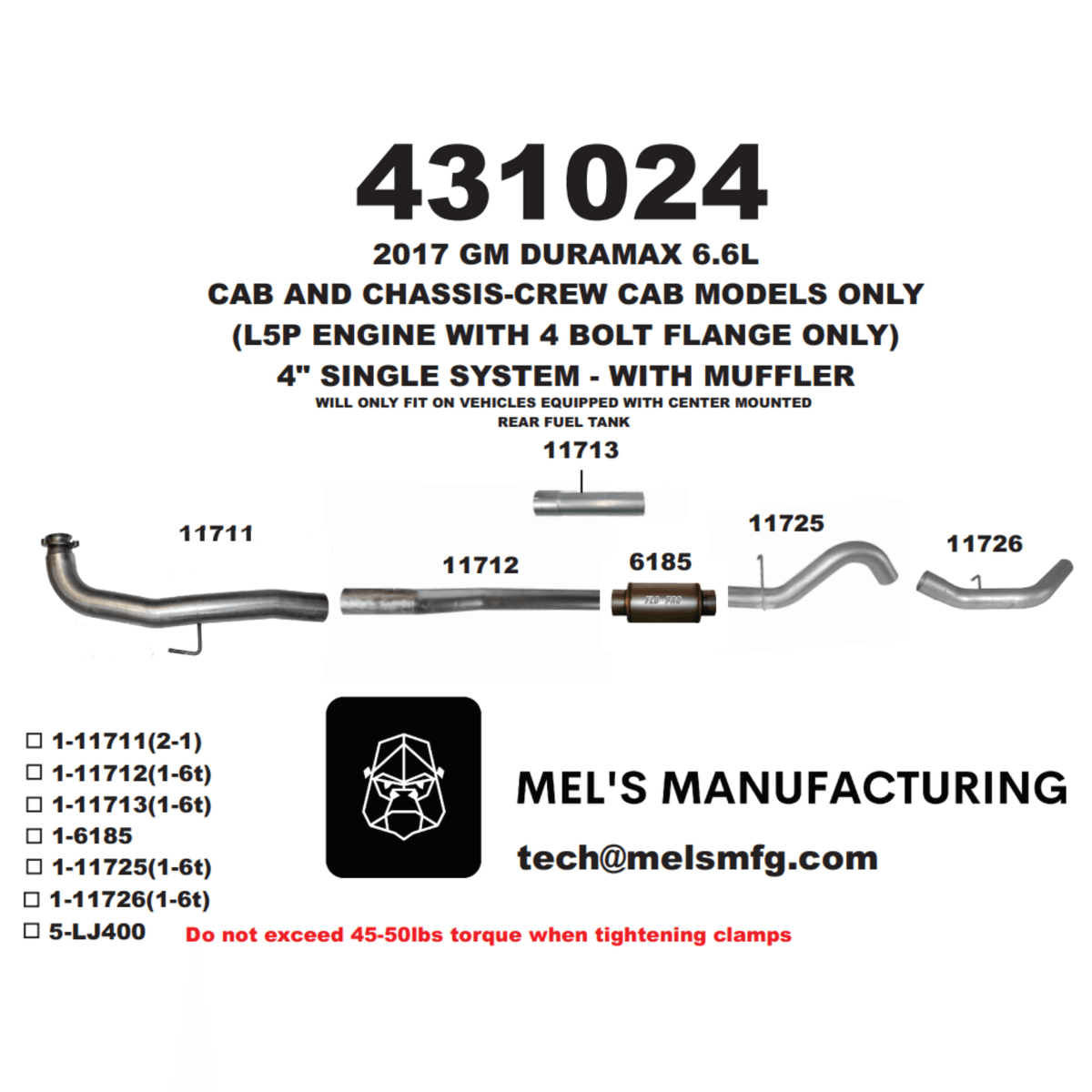 2017-2019 Duramax L5P Cab & Chassis 4" Downpipe Back Exhaust w/ Muffler (431024) - Mel's Manufacturing